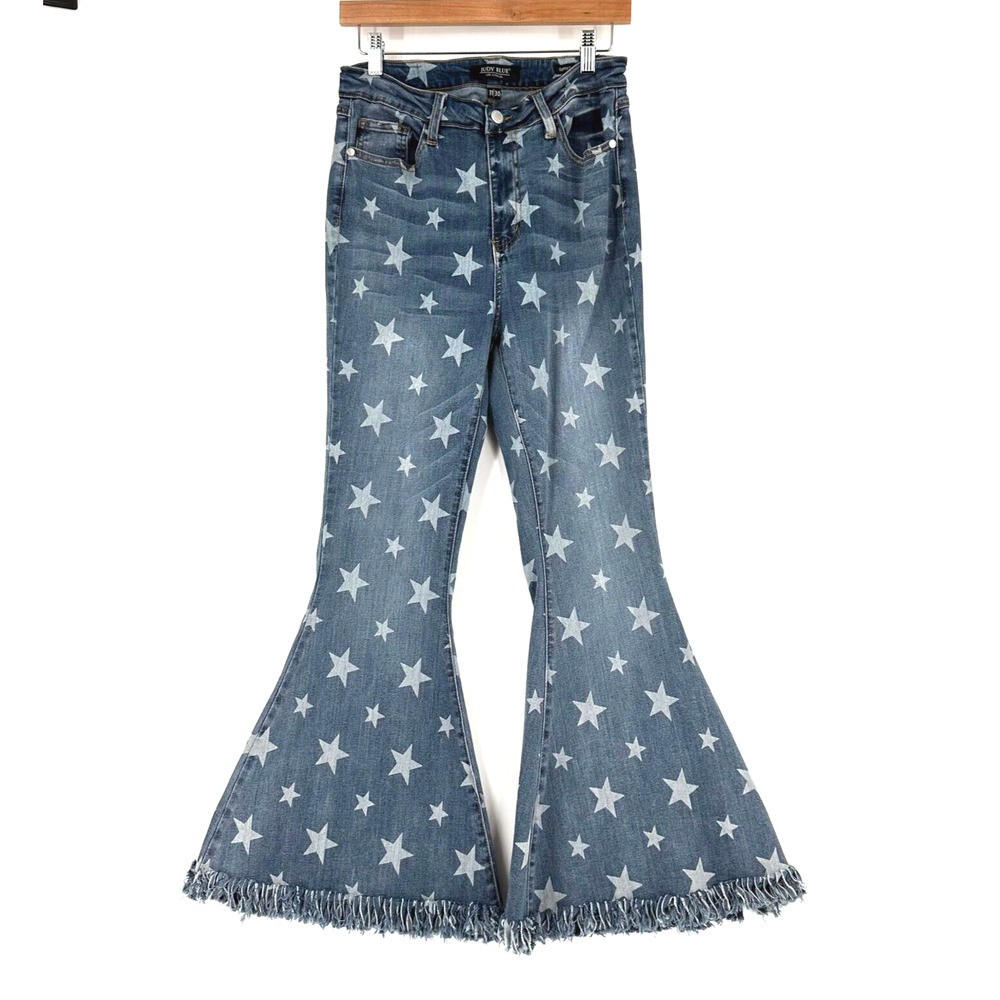 Judy Blue Star Patterned Super Flare Fringe Jeans Size 11 / 30